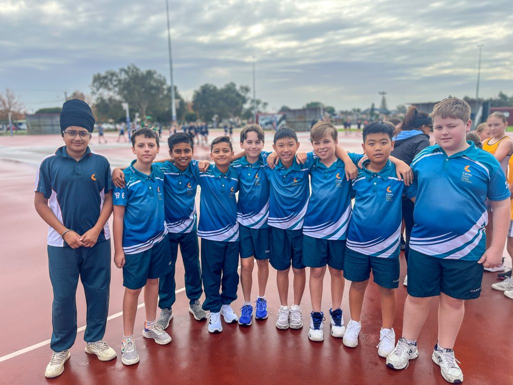 A lineup of the 2024 Carey Harrisdale Year 6 boys Team 2 Division B WACSSA Inter-school Netball Team