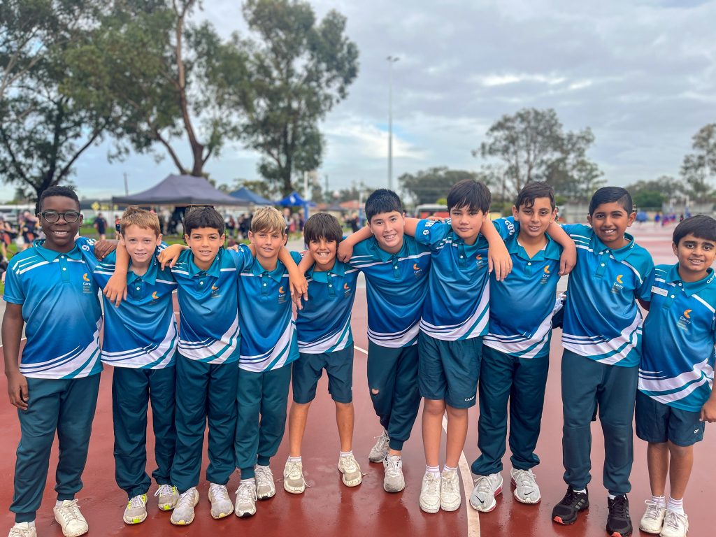 A lineup of the 2024 Carey Harrisdale Year 6 boys Team 1 Division A WACSSA Inter-school Netball Team